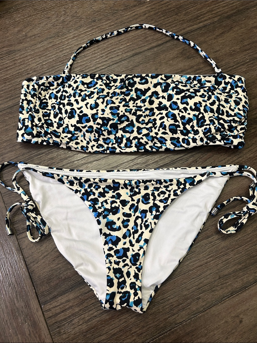 Victoria's Secret Blue, Black and Cream Leopard Bandeau Swimsuit